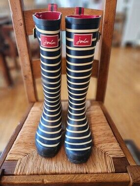Joules Navy & Cream Striped Tall Rain Boots with Red Logo